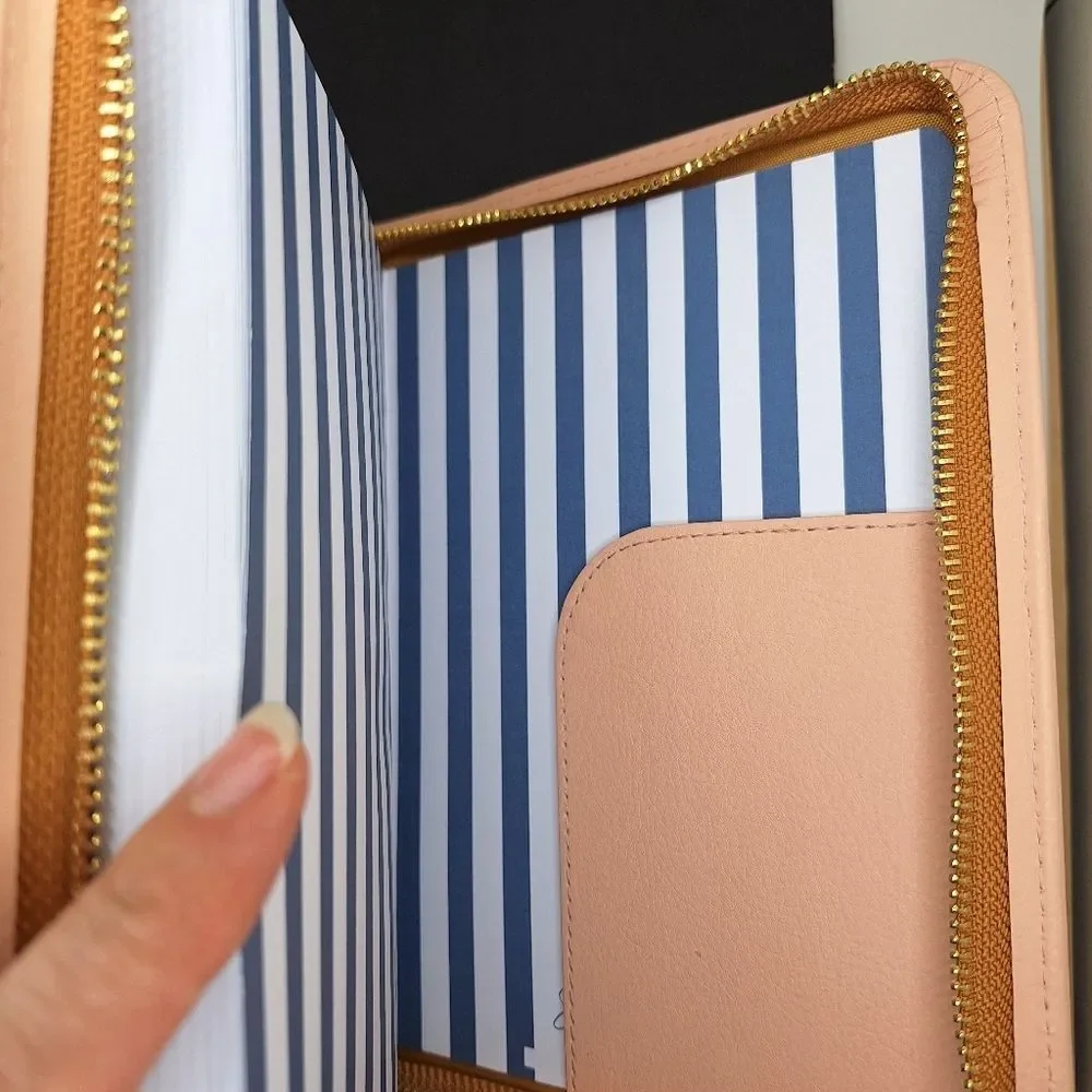 Pink leather journal planner book removeable jacket wallet compartment zipper